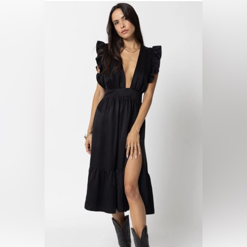 Stillwater Black Backless Sundress with Plunge Neckline, sexy slit & open back!